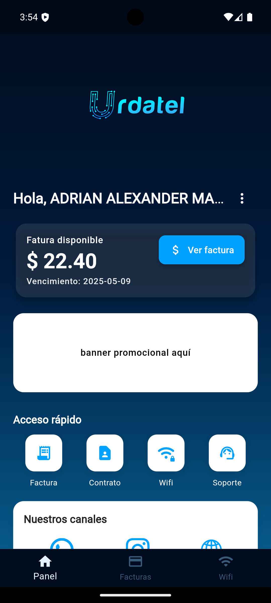 Captura de pantalla de la aplicación móvil Urdatel mostrando la pantalla de inicio con opciones principales