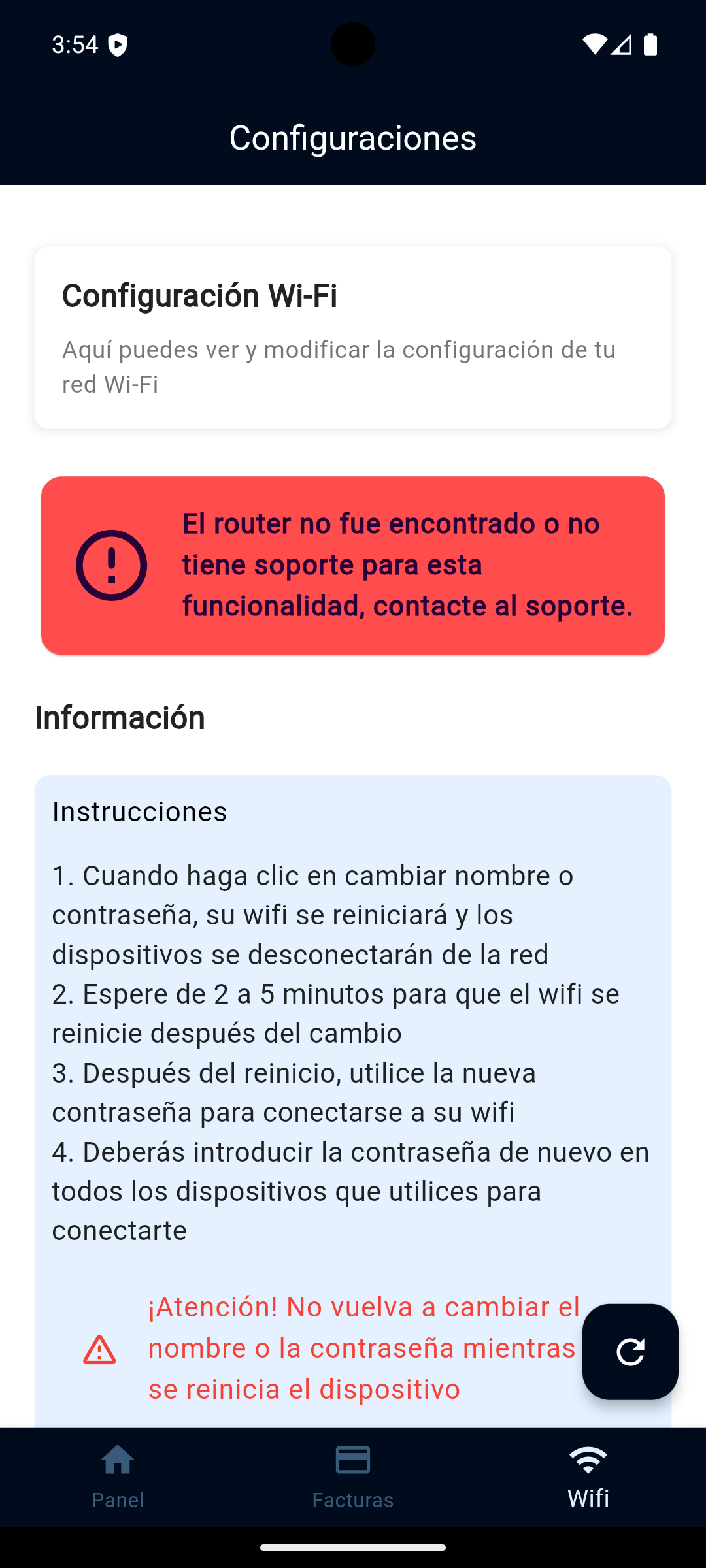 Captura de pantalla de la aplicación Urdatel mostrando la sección de soporte técnico y atención al cliente